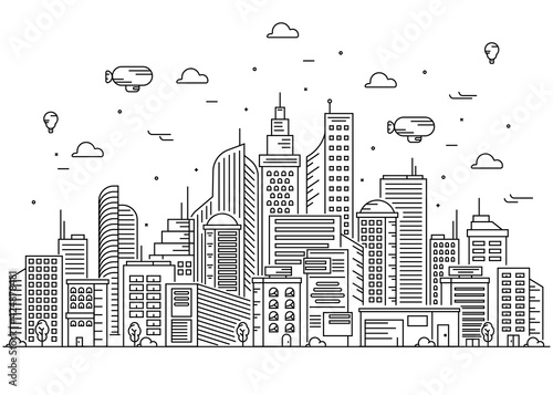 City Skyscraper Buildings Landscape  Thin Line art Vector