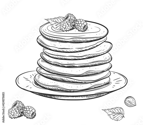 Hand drawn sketch black and white of pancake, raspberry, leaf. Vector illustration. Elements in graphic style label, card, sticker, menu, package. Engraved style.