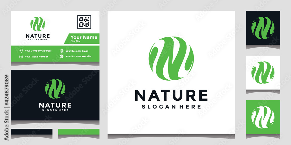 Letter N logo design with nature and business card