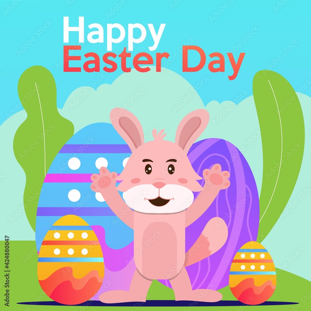 Happy bunny found have many egg for Easter Dayy Celebration Poster Design with Printed Eggs and Cartoon Bunny on grass Background. Happy bunny found have many egg for Easter Dayy Celebration Poster Design with Printed Eggs and Cartoon Bunny on grass Background.