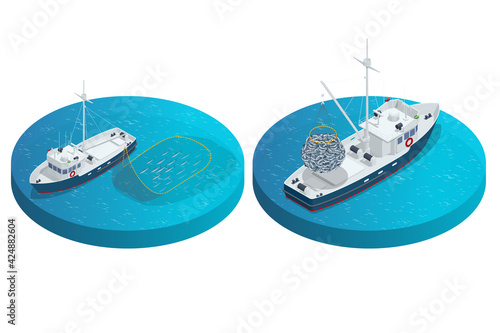 Isometric shipping seafood industry boat isolated on white background. Commercial ocean transportation Sea fishing, ship marine industry, fish boat. Fishing boat, fishing vessel.
