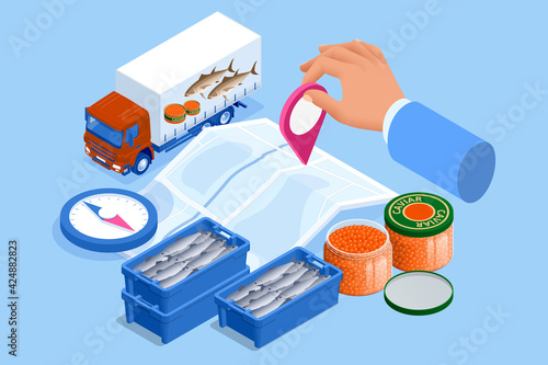 Isometric Fish shop delivery concept. Fish industry seafood. Commercial fishing. Truck with fresh fish delivery.