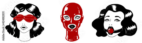 Sexy set with attractive elegant vintage BDSM girls with ball gag, latex mask and blindfold. Isolated on white background. Graphic erotic illustration collection. 