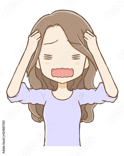 ロングヘアの女性（上半身）悩んで頭をかかえています。
