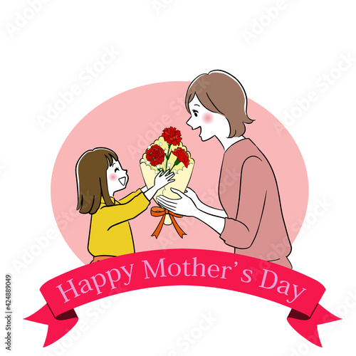 A little girl giving some flowers to her mother. Illustration for Mothers day.