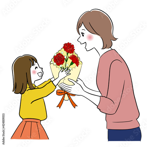 A little girl giving some flowers to her mother. Illustration for Mothers day.