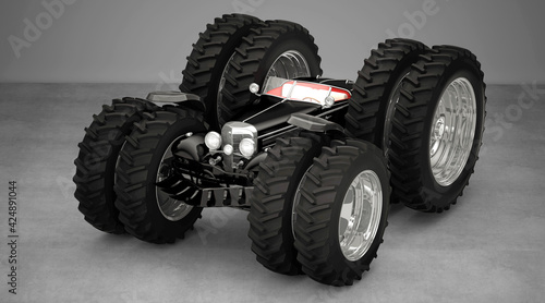 Extreme tuning, vintage car with giant wheels, concept, off road, 3d illustration, 3d rendering © LaCozza