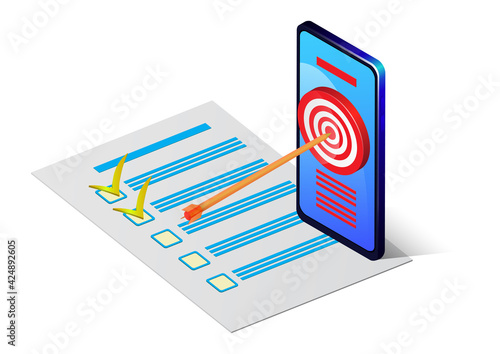 Isometric smartphone with target and checklist
