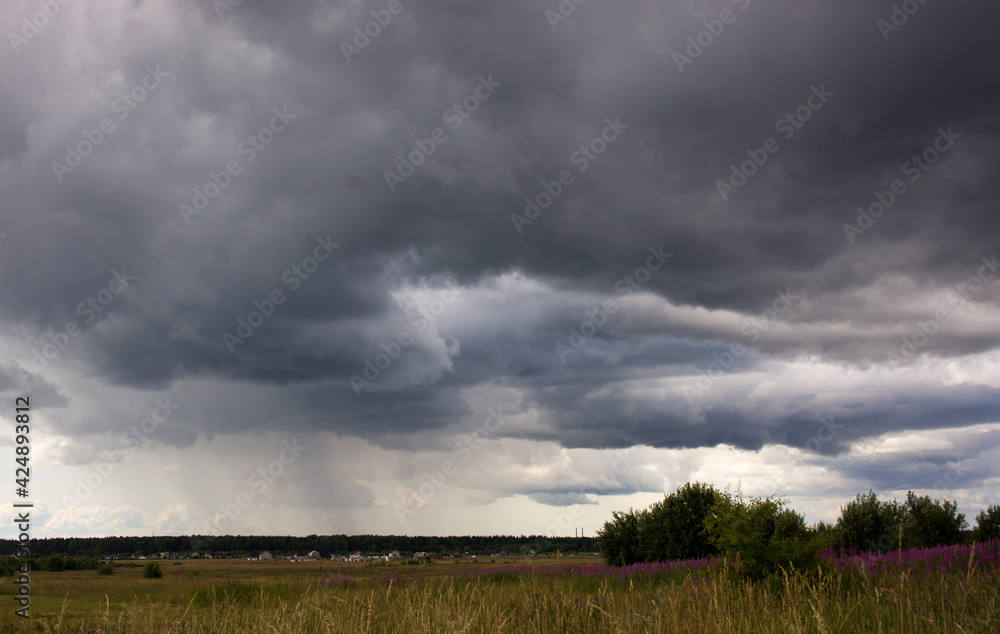 Landscape with dramatic sky and unripe wheat field at rainy summer season. Dirt road with dark storm clouds Landscape with dramatic sky and unripe wheat field at rainy summer season. Dirt road with dark storm clouds