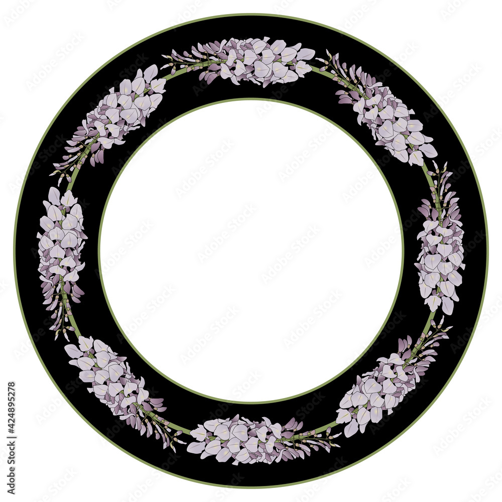 Round floral frame. Blooming branch of Wisteria sinensis flower in a ...