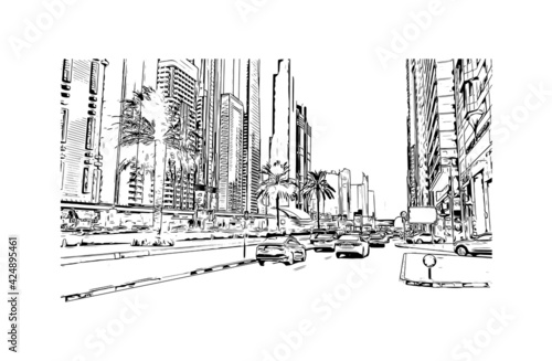 Building view with landmark of Dubai is the 
city in the United Arab Emirates. Hand drawn sketch illustration in vector.