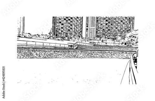 Building view with landmark of Dubai is the 
city in the United Arab Emirates. Hand drawn sketch illustration in vector.