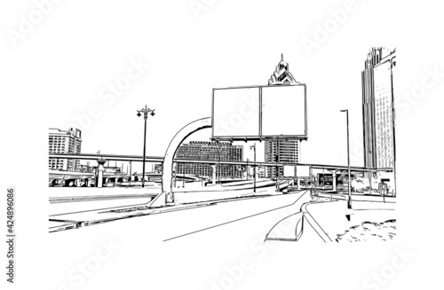 Building view with landmark of Dubai is the 
city in the United Arab Emirates. Hand drawn sketch illustration in vector.