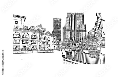 Building view with landmark of Dubai is the 
city in the United Arab Emirates. Hand drawn sketch illustration in vector.