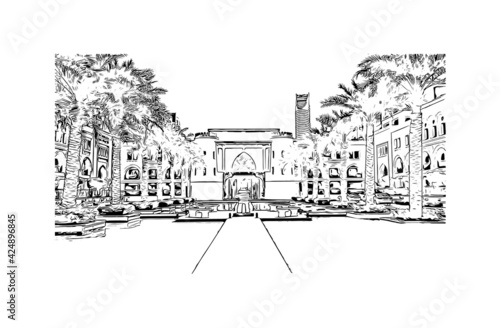 Building view with landmark of Dubai is the 
city in the United Arab Emirates. Hand drawn sketch illustration in vector.