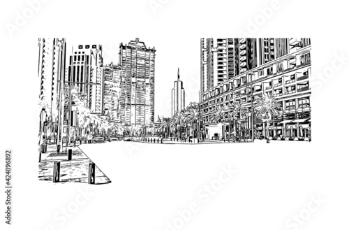Building view with landmark of Dubai is the 
city in the United Arab Emirates. Hand drawn sketch illustration in vector.