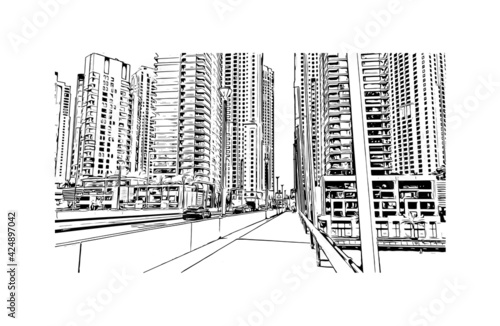 Building view with landmark of Dubai is the 
city in the United Arab Emirates. Hand drawn sketch illustration in vector.