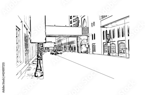 Building view with landmark of Dubai is the 
city in the United Arab Emirates. Hand drawn sketch illustration in vector.
