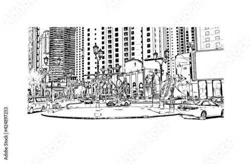 Building view with landmark of Dubai is the 
city in the United Arab Emirates. Hand drawn sketch illustration in vector.
