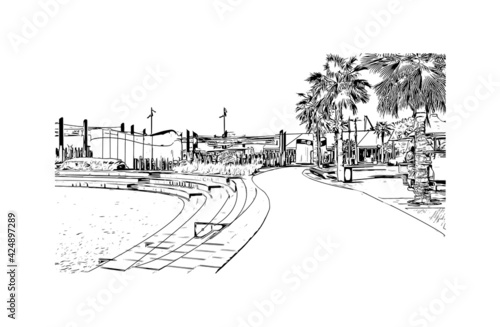 Building view with landmark of Dubai is the 
city in the United Arab Emirates. Hand drawn sketch illustration in vector.