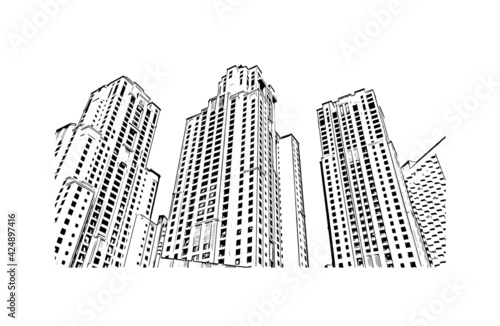 Building view with landmark of Dubai is the 
city in the United Arab Emirates. Hand drawn sketch illustration in vector.