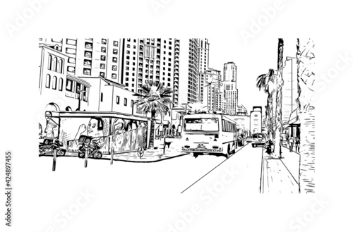 Building view with landmark of Dubai is the 
city in the United Arab Emirates. Hand drawn sketch illustration in vector.