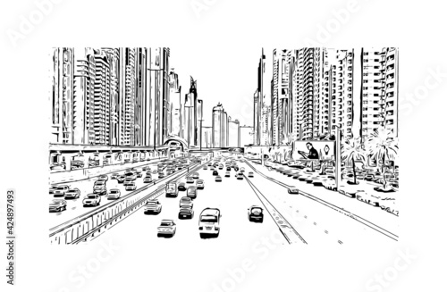 Building view with landmark of Dubai is the 
city in the United Arab Emirates. Hand drawn sketch illustration in vector.