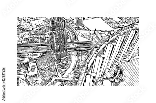 Building view with landmark of Dubai is the 
city in the United Arab Emirates. Hand drawn sketch illustration in vector.
