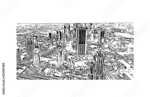 Building view with landmark of Dubai is the 
city in the United Arab Emirates. Hand drawn sketch illustration in vector.