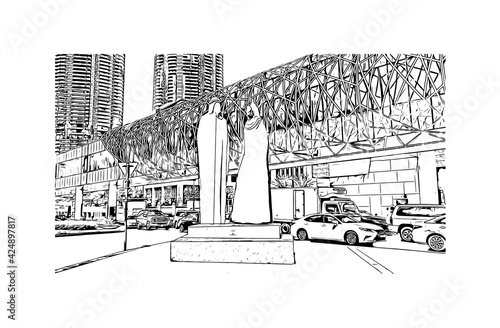 Building view with landmark of Dubai is the 
city in the United Arab Emirates. Hand drawn sketch illustration in vector.