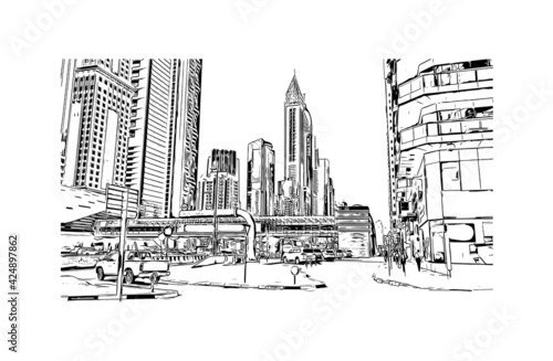 Building view with landmark of Dubai is the 
city in the United Arab Emirates. Hand drawn sketch illustration in vector.