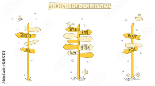 Set of yellow doodle road sign. Simple summer signposts with flowers and butterflies.