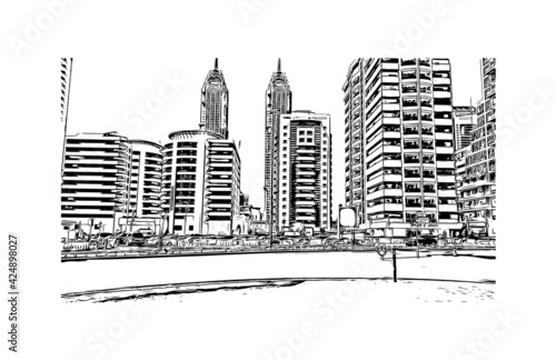 Building view with landmark of Dubai is the 
city in the United Arab Emirates. Hand drawn sketch illustration in vector.
