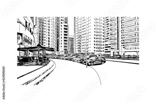 Building view with landmark of Dubai is the 
city in the United Arab Emirates. Hand drawn sketch illustration in vector.