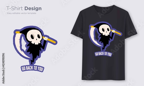 scythe and skull in hand. Prints on T-shirts, sweatshirts, cases for mobile phones, souvenirs. Isolated vector illustration on white background.