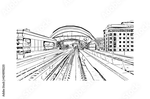 Building view with landmark of Dubai is the 
city in the United Arab Emirates. Hand drawn sketch illustration in vector.