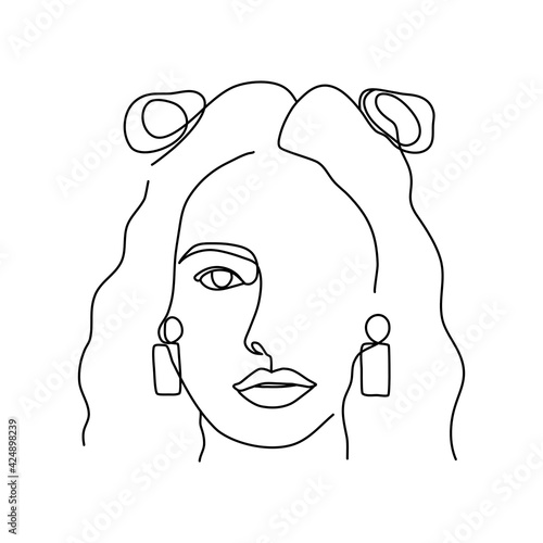 Beautiful girl face with hairstyle and clay earrings. Attractive young woman portrait female beauty concept. Abstract continuous one line drawing. Black and white vector illustration.