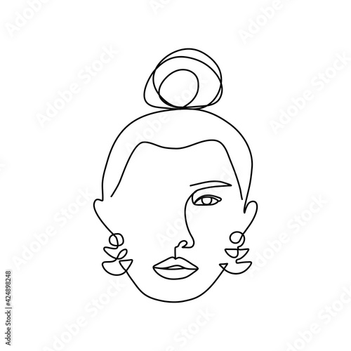 Woman face with hair and clay earrings continuous line drawing. Abstract minimal woman portrait. Aesthetics Art print, feminine and minimalist logo, icon, label, packaging design.