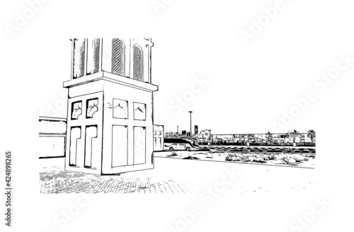 Building view with landmark of Dubai is the 
city in the United Arab Emirates. Hand drawn sketch illustration in vector.