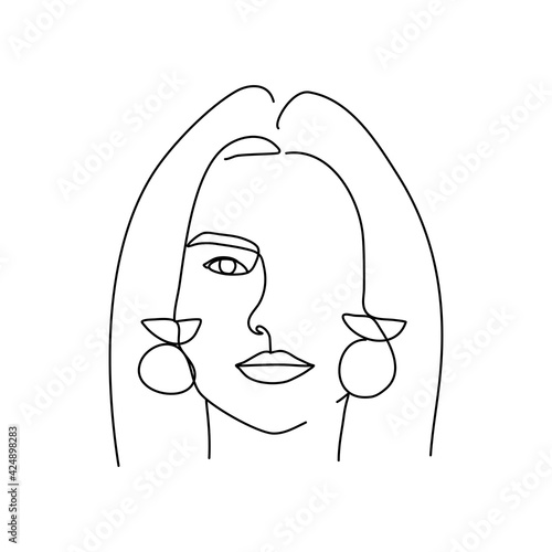 Surreal faces continuous line, drawing of faces and hairstyle with clay earrings, fashion concept, woman beauty minimalist, vector illustration pretty sexy. Contemporary portrait.