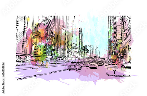 Building view with landmark of Dubai is the 
city in the United Arab Emirates. Watercolor splash with hand drawn sketch illustration in vector.