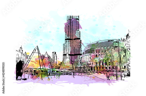 Building view with landmark of Dubai is the 
city in the United Arab Emirates. Watercolor splash with hand drawn sketch illustration in vector.