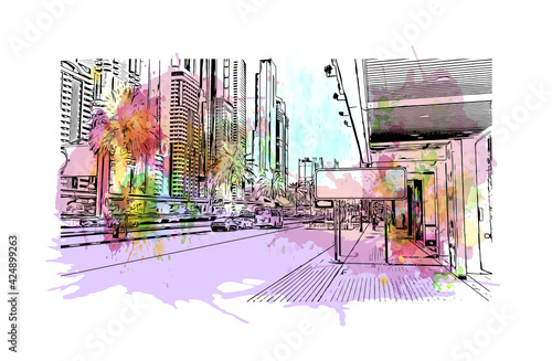 Building view with landmark of Dubai is the 
city in the United Arab Emirates. Watercolor splash with hand drawn sketch illustration in vector.