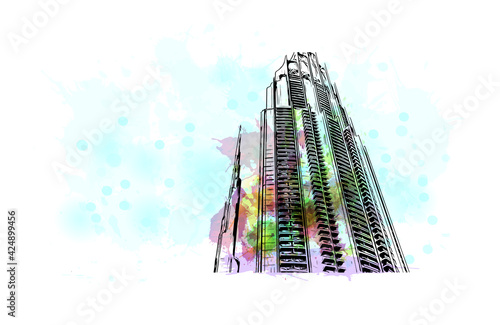 Building view with landmark of Dubai is the 
city in the United Arab Emirates. Watercolor splash with hand drawn sketch illustration in vector.