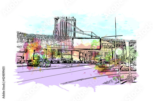 Building view with landmark of Dubai is the 
city in the United Arab Emirates. Watercolor splash with hand drawn sketch illustration in vector.