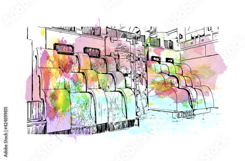 Building view with landmark of Dubai is the 
city in the United Arab Emirates. Watercolor splash with hand drawn sketch illustration in vector.