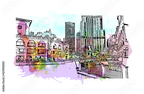 Building view with landmark of Dubai is the 
city in the United Arab Emirates. Watercolor splash with hand drawn sketch illustration in vector.