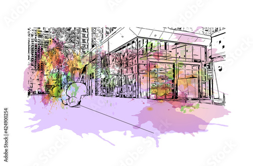 Building view with landmark of Dubai is the 
city in the United Arab Emirates. Watercolor splash with hand drawn sketch illustration in vector.