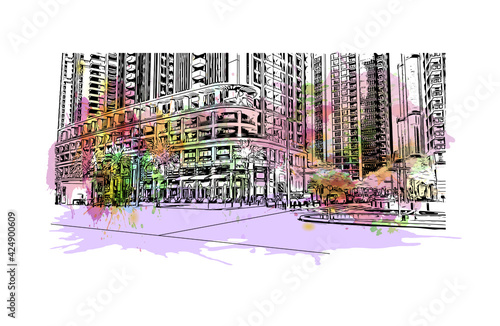 Building view with landmark of Dubai is the 
city in the United Arab Emirates. Watercolor splash with hand drawn sketch illustration in vector.
