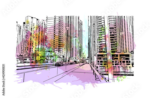 Building view with landmark of Dubai is the 
city in the United Arab Emirates. Watercolor splash with hand drawn sketch illustration in vector.